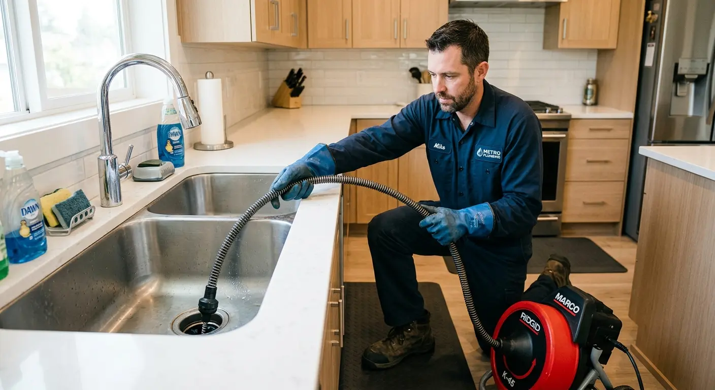 Drain cleaning technician using a motorized snake on a kitchen sink in Lincoln