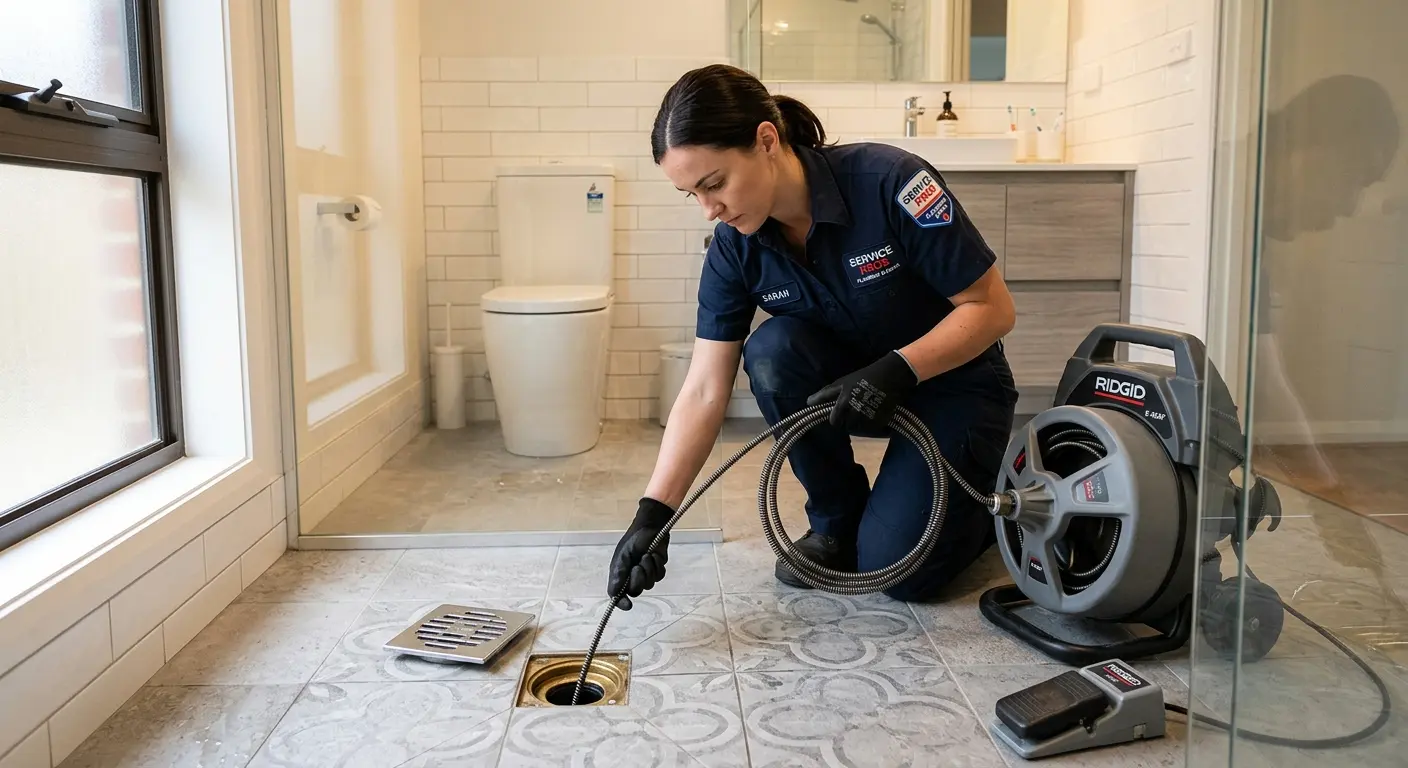 Technician clearing a bathroom floor drain for Sewer Line Installation in Lincoln